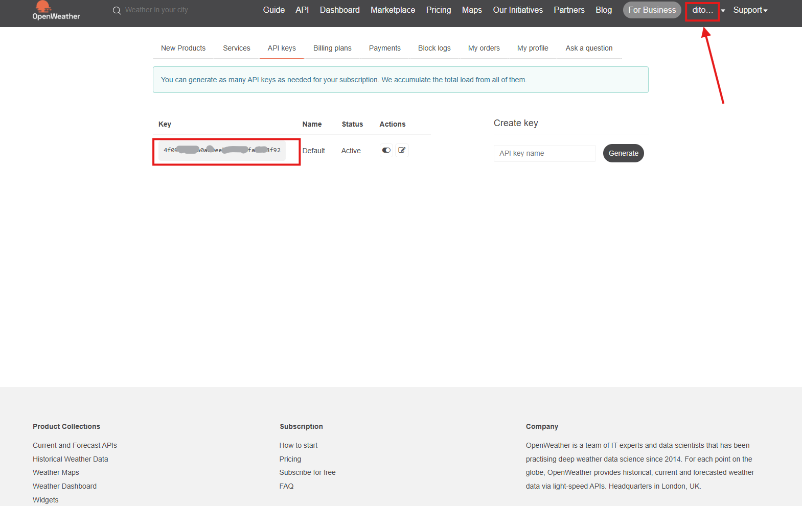 Screenshot of the OpenWeatherMap pricing page with the Free plan highlighted.