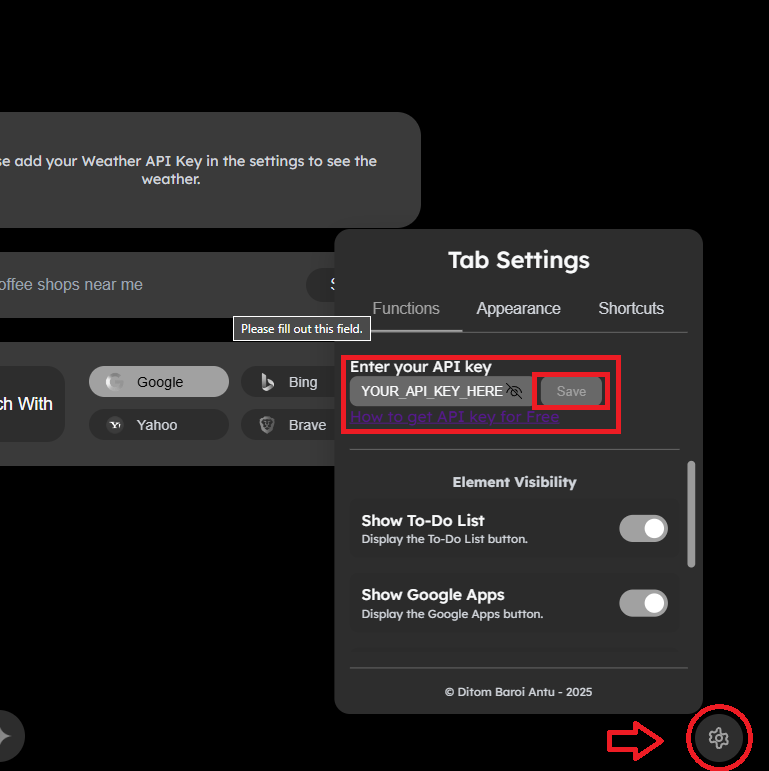 Screenshot showing where to paste the API key in the extension settings.