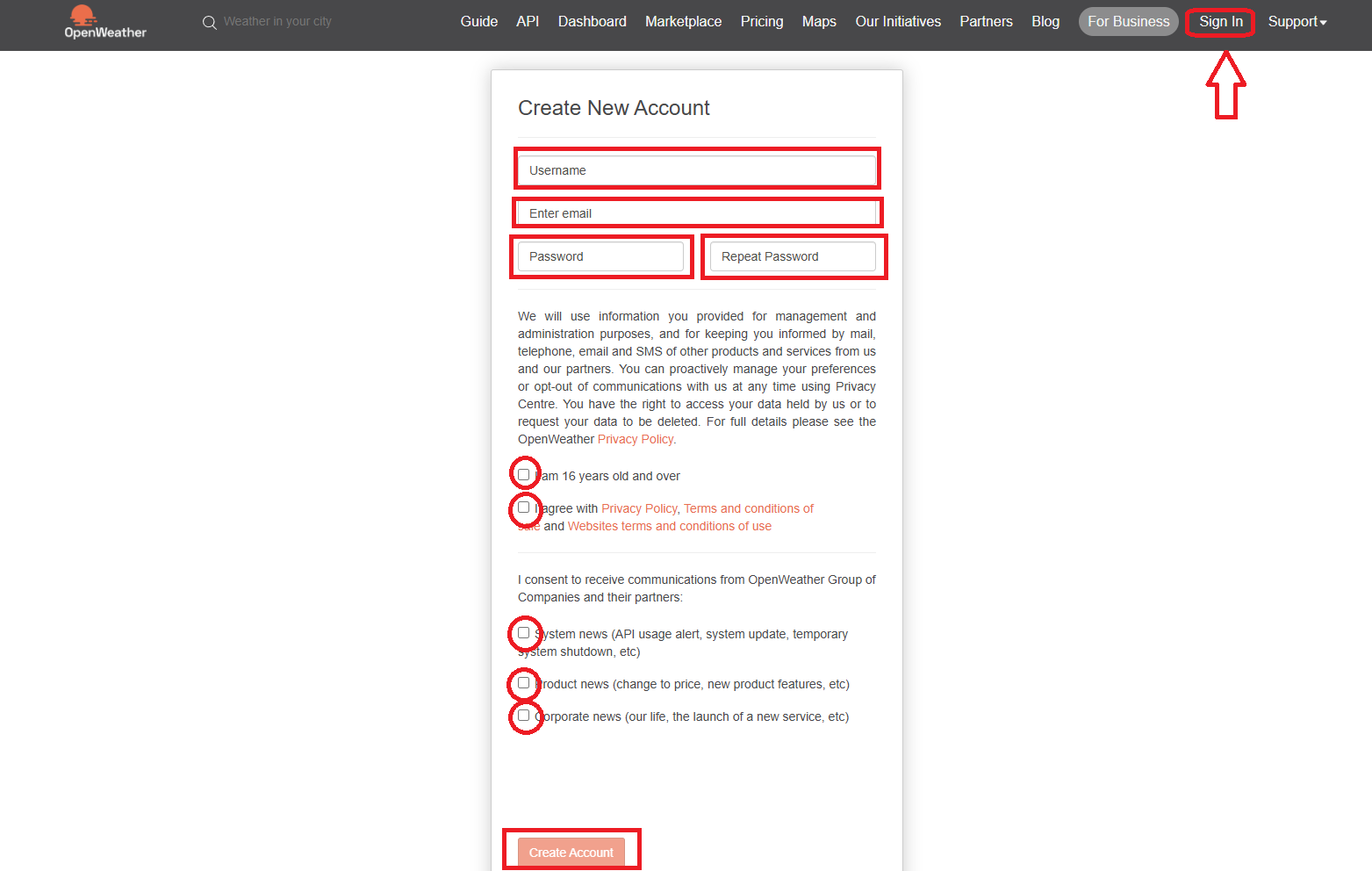 Screenshot of the OpenWeatherMap signup page.